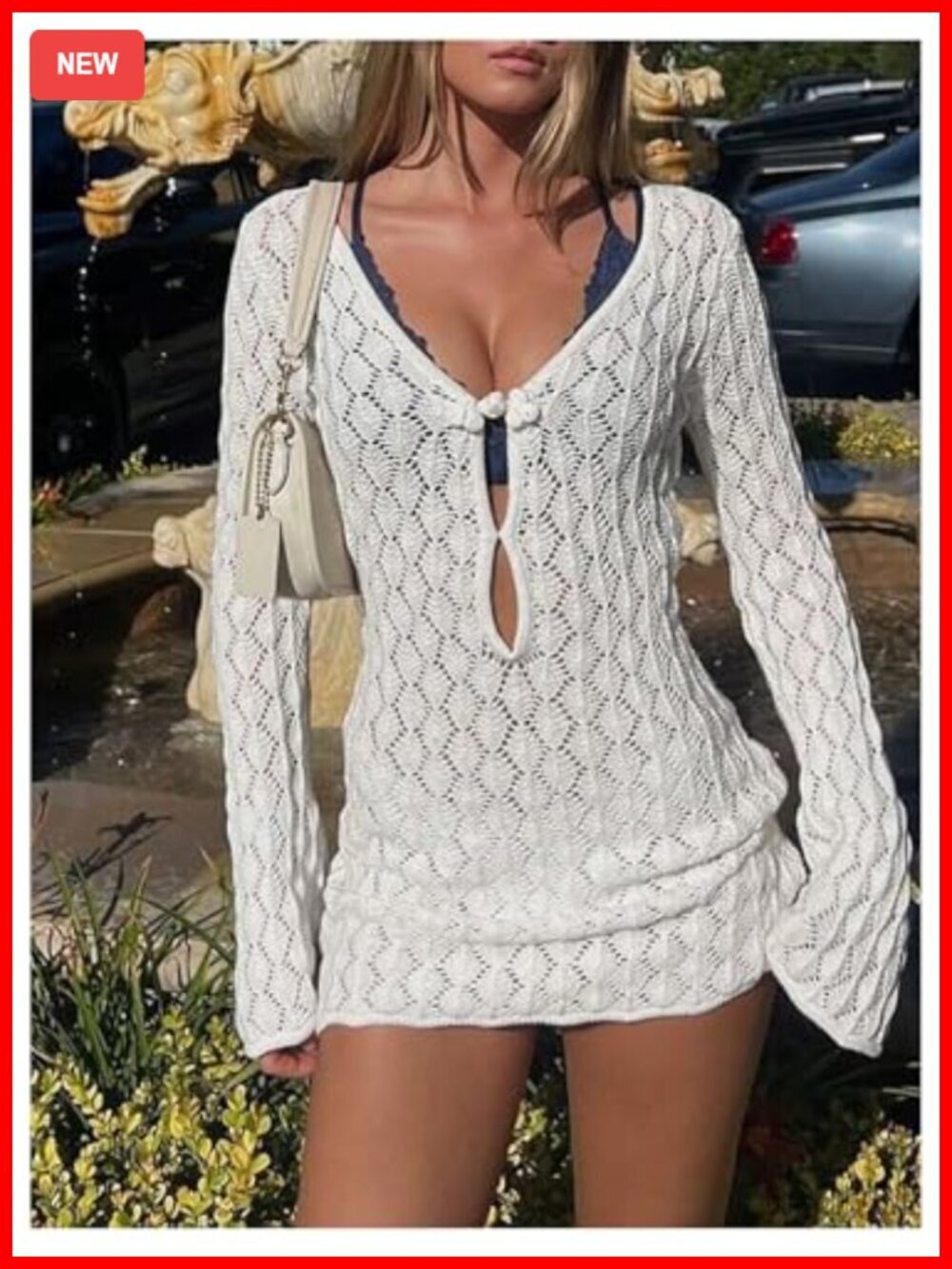 Crochet Cut Out Long Sleeve Cover Up Dress Beach Swimsuit Outfit - Picture 3 of 5